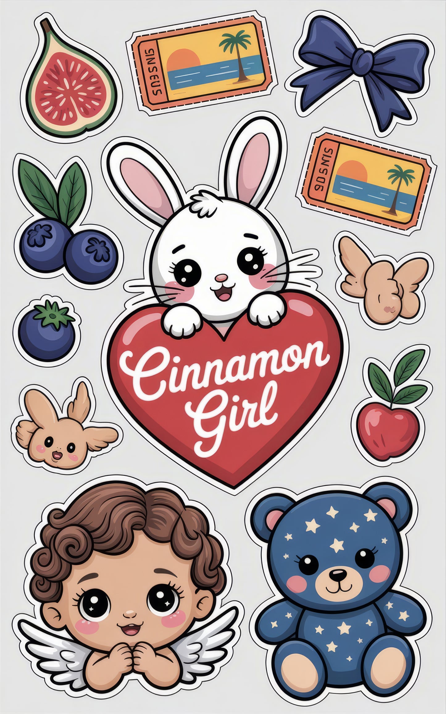 Cute Sticker Pack, Bunny, Angel, Bear, Fruit, Bow, Postcard Designs, Vinyl Decals for Laptops and Planners