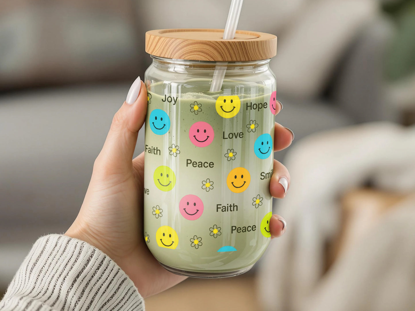 Colorful Smiley Face Jar Tumbler, Cute Emoji Drinking Glass with Lid, Reusable Happy Face Cup, Gift for Friends and Family