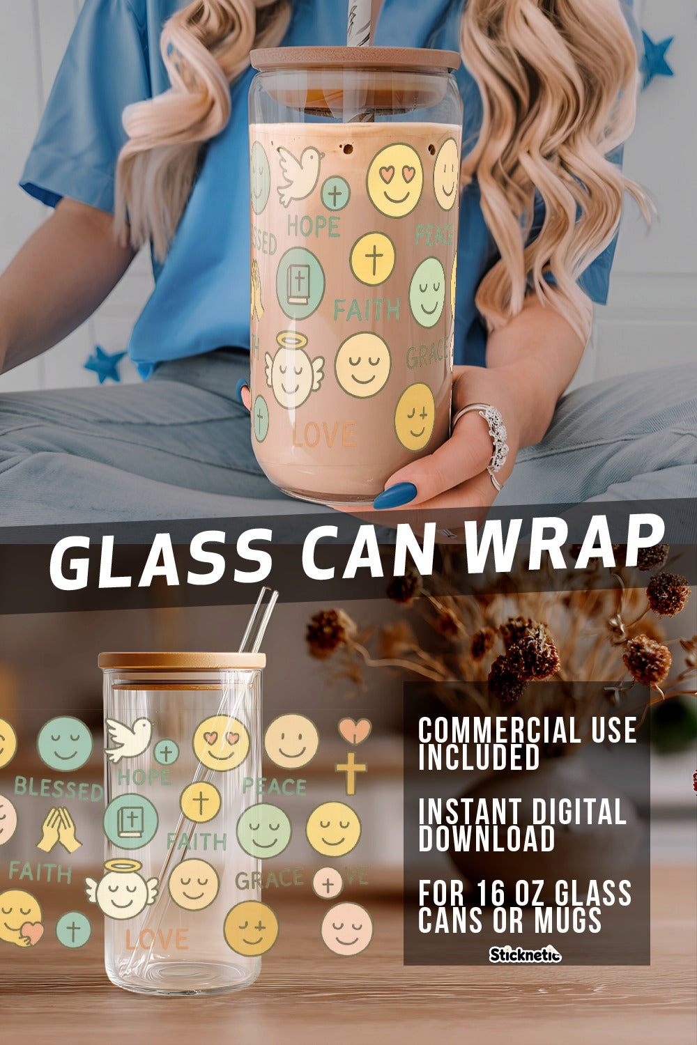 Glass Can Wrap Faith Hope Love Emoji Design, Instant Download, Digital File, 16 oz Mug Decoration.