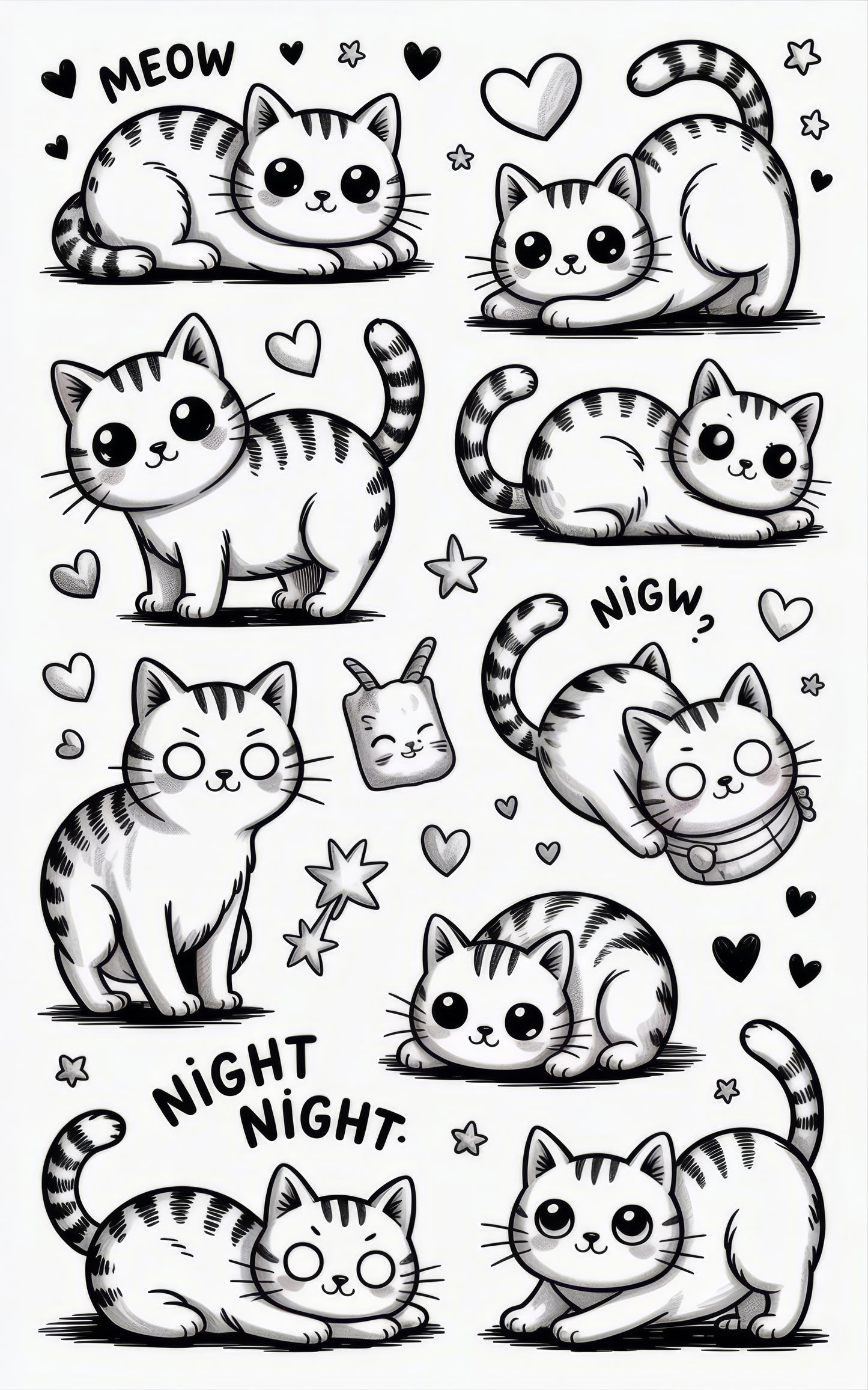 Cute Cat Stickers Set, Kawaii Kitty Decals, Cartoon Cat Designs, Adorable Feline Illustrations, Pet Lover Gift, Meow and Night Night