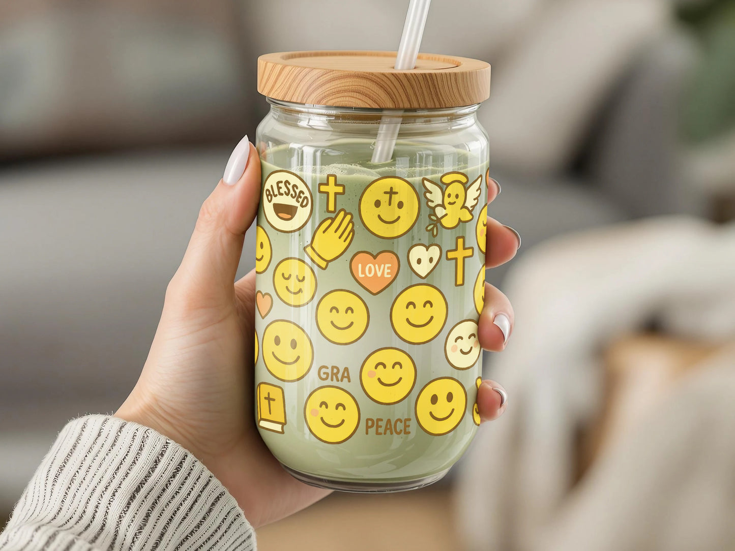 Colorful Emoji Glass Jar with Bamboo Lid, Reusable Smoothie Cup, Unique Gift Idea