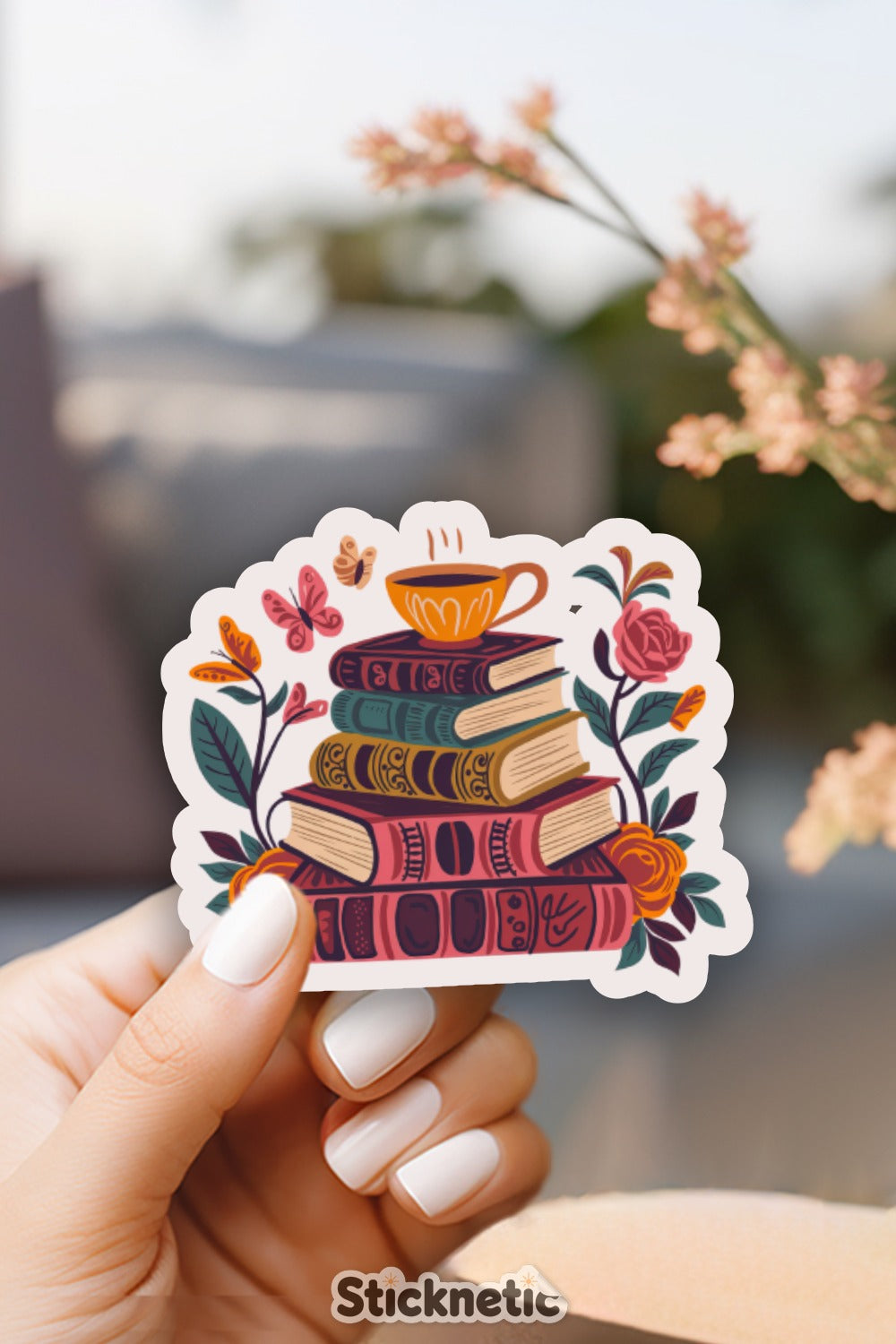 Colorful Stack of Books with Tea Cup Sticker product