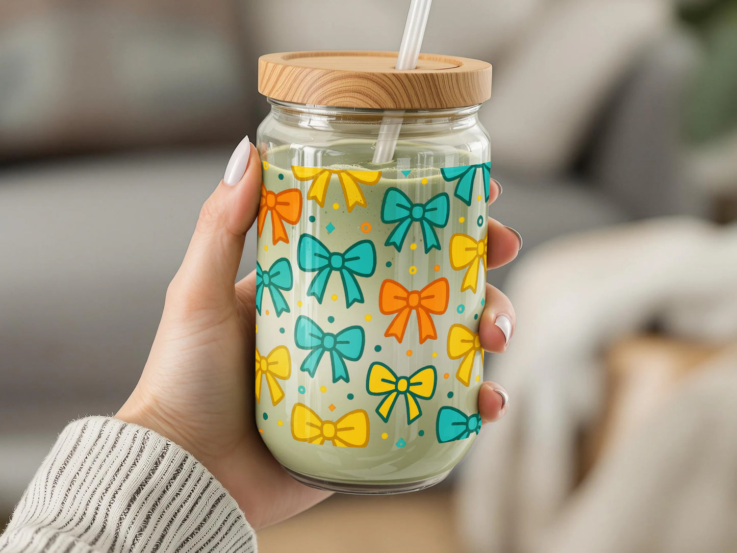 Colorful Bow Pattern Glass Drinking Jar with Lid and Straw, Cute Summer Drinkware