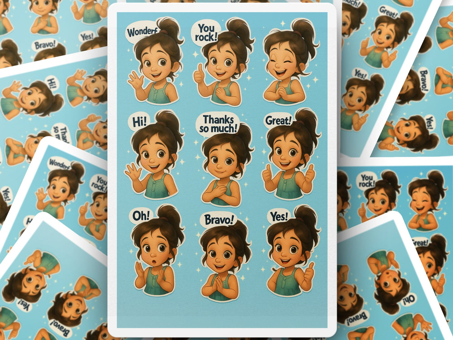 Cartoon Girl Stickers, Cute Expression Labels, Thank You, Bravo, Great, Vinyl Sticker Sheet for Kids