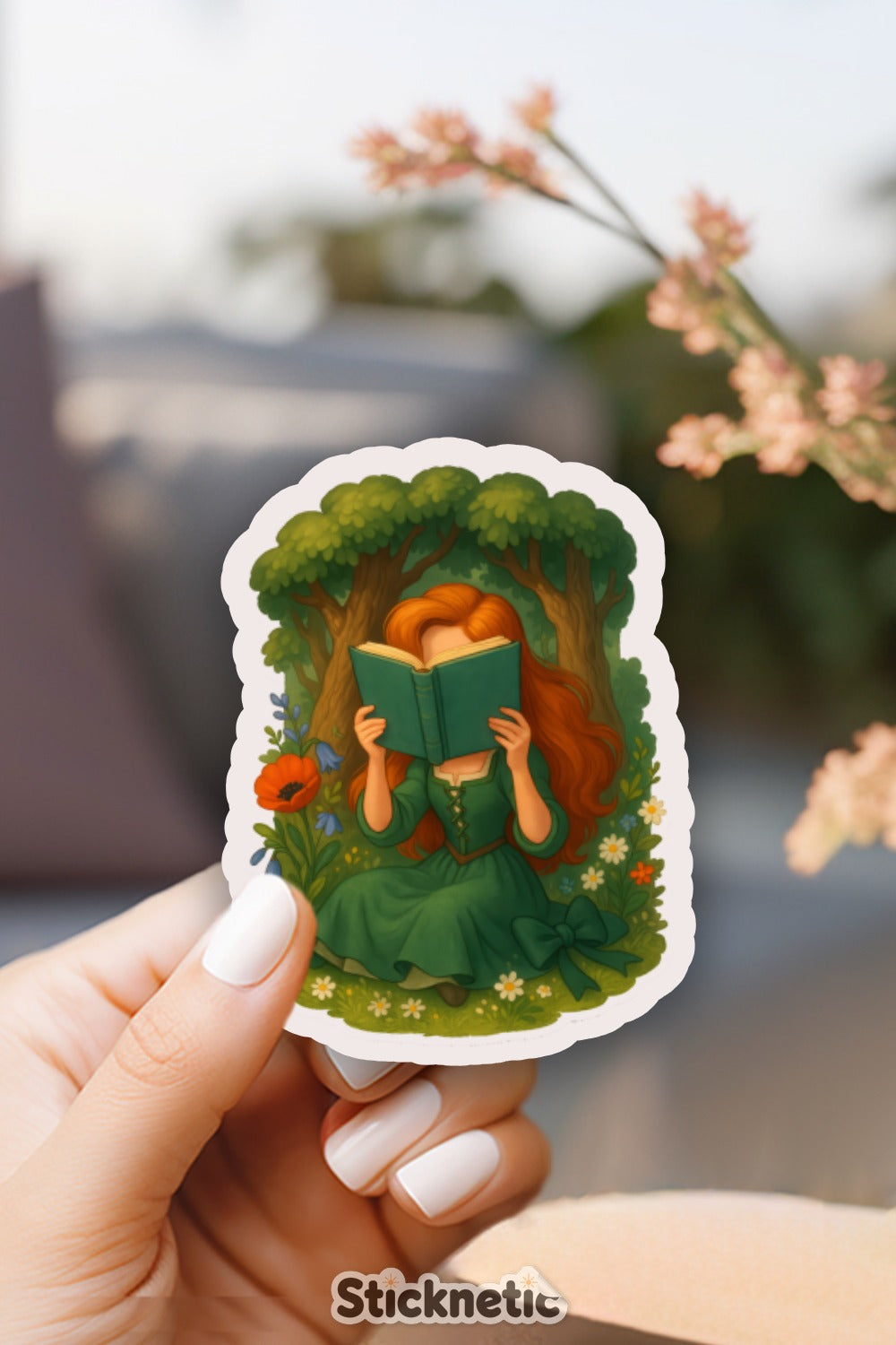 Whimsical Reading Girl Sticker, Forest Book Lover Decal, Redhead Girl Illustration, Nature Inspired Waterproof Sticker
