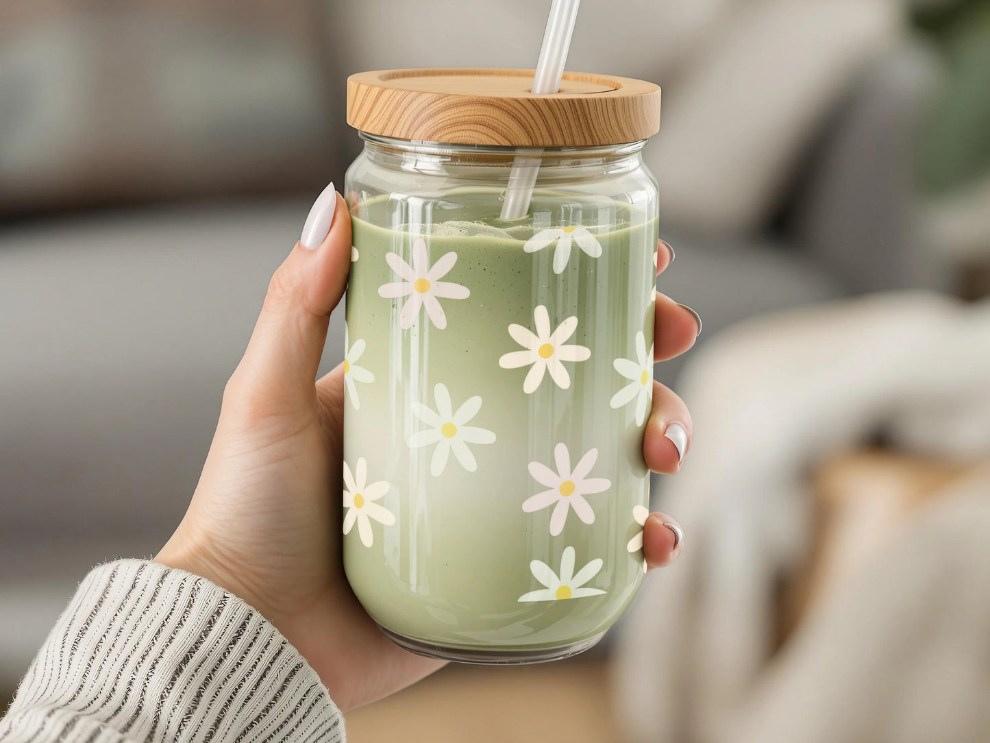 Floral Pattern Glass Jar with Bamboo Lid, Reusable Smoothie Cup, Daisy Print Drinkware