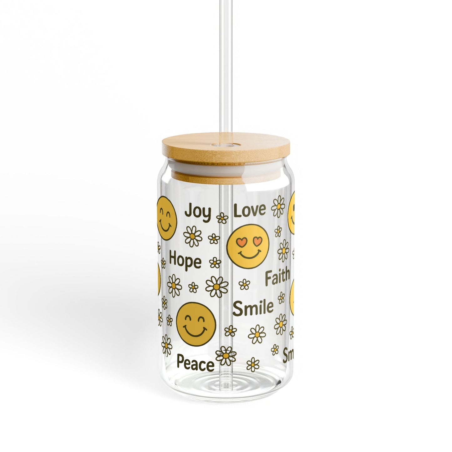 Inspirational Quote Glass Straw Jar, Reusable Smoothie Cup with Wooden Lid, Joy Love Hope Faith Smile Peace Design, Eco-Friendly Gift