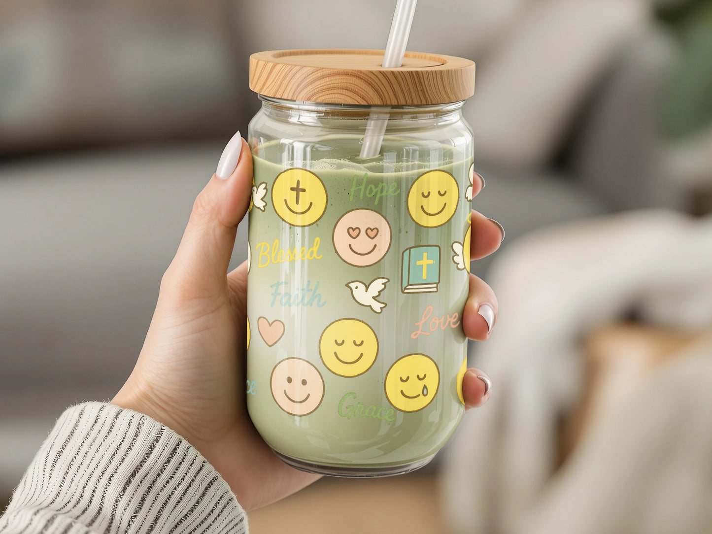 Inspirational Quote Glass Jar Tumbler, Christian Faith Symbols, Smiley Faces, Wooden Lid, Reusable Straw, Home Decor Gift