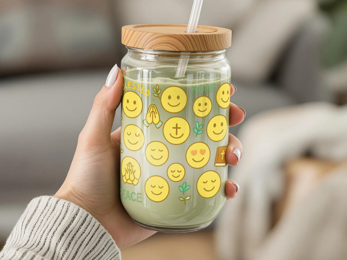 Smiley Face Emoji Glass Jar with Bamboo Lid, Reusable Straw, Cute Drinking Cup, Ideal for Gifts and Decor