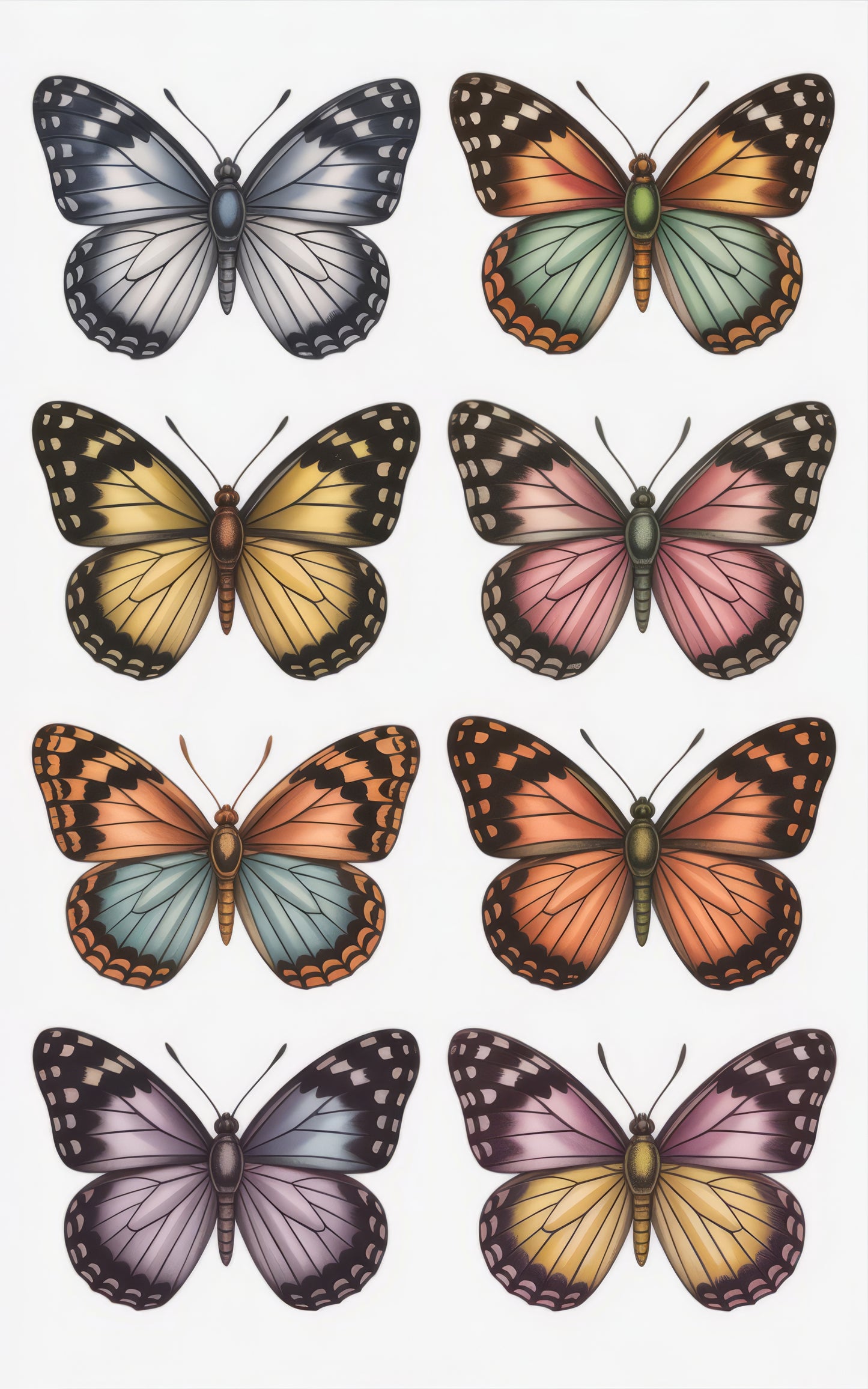 Colorful Butterfly Illustrations, Vintage Style Butterfly Prints, Wall Art Decor, Set of 12