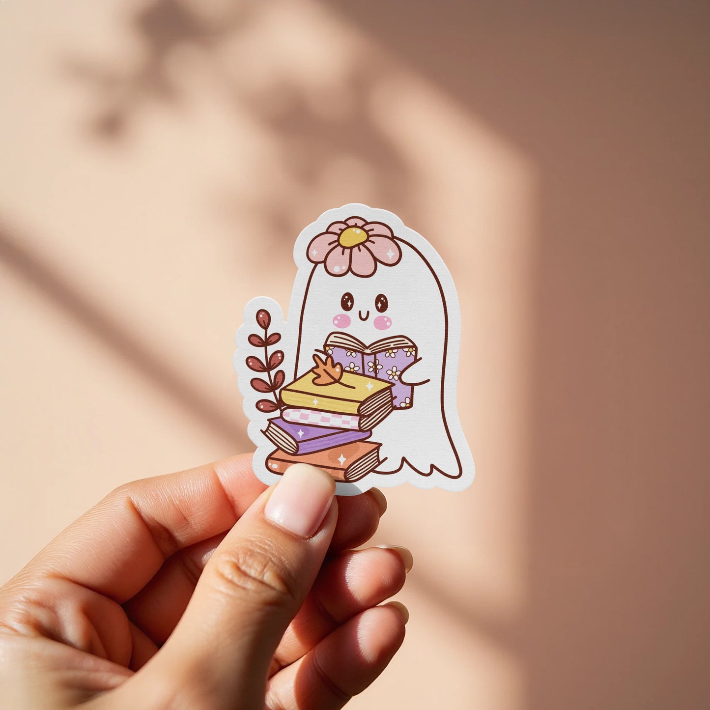 Adorable Ghost with Books and Flower Sticker product type