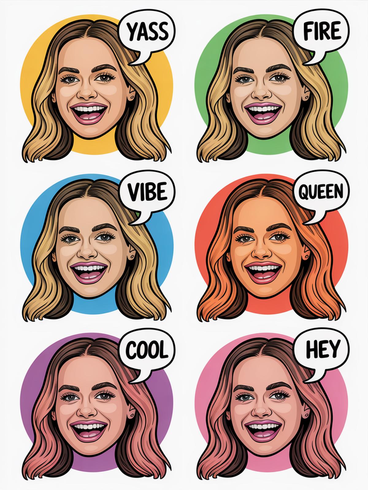 Pop Art Female Face Stickers, Vibrant Cartoon Stickers, Yass Fire Vibe Queen Cool Hey Decals for Laptops and Journals