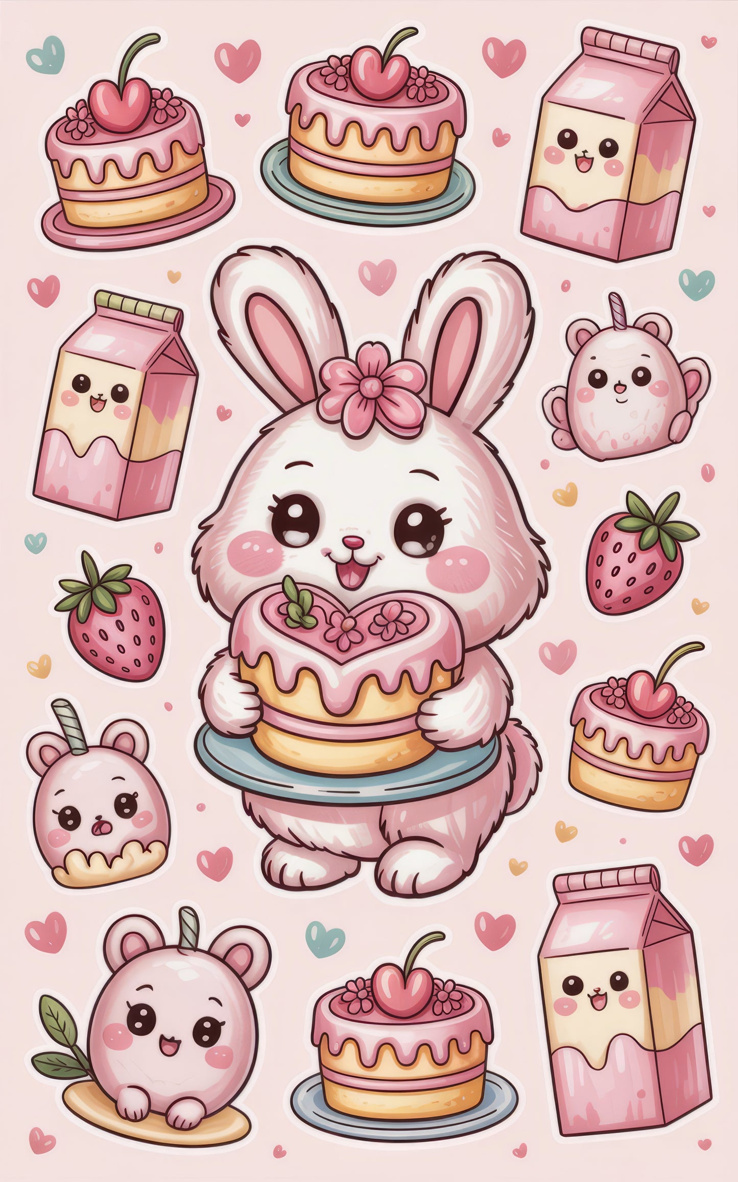 Cute Bunny and Friends Art Print, Kawaii Animals, Strawberry, Milk Carton, Decorative Nursery Wall Art, Pastel Colors