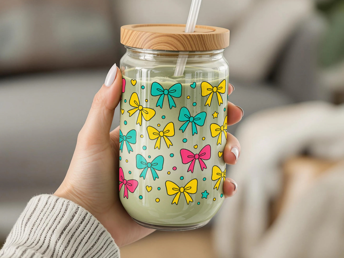 Colorful Bow Pattern Glass Jar with Bamboo Lid, Reusable Straw Included, Eco-Friendly Drinkware