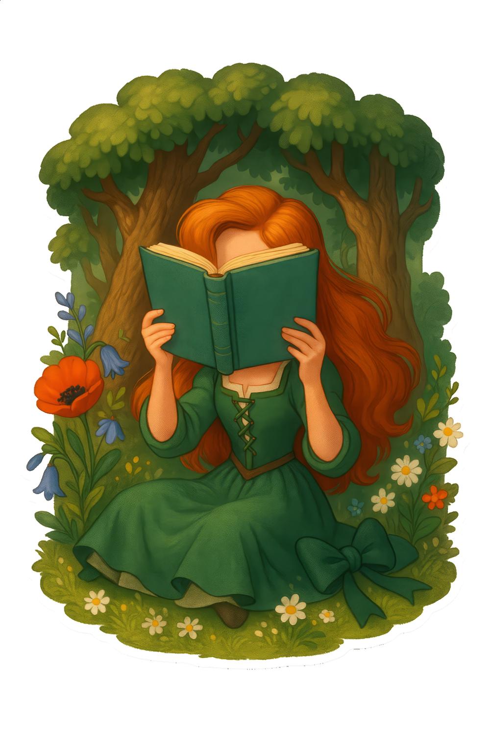 Vintage Style Redhead Girl Reading Book in Forest Illustration Art Print