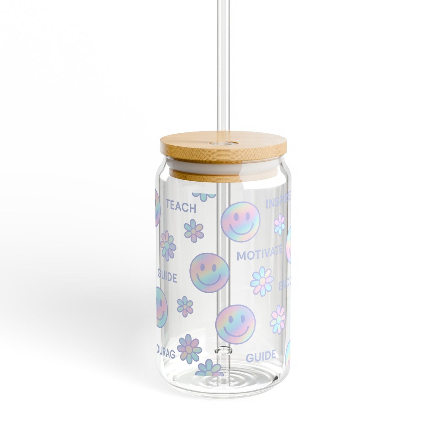 Teacher Appreciation Glass Water Bottle, Motivational Floral and Smiley Design, Cute Drinkware for Educators