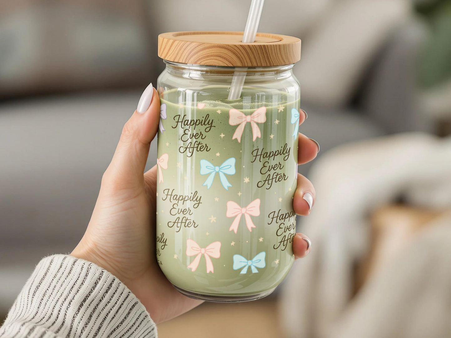 Happily Ever After Printed Mason Jar, Pastel Bows, Wedding Favor, Customizable Text, Gift Idea