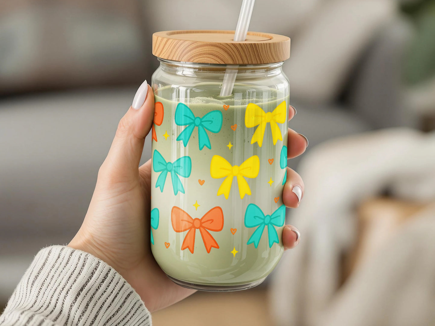 Colorful Bow Pattern Glass Jar with Bamboo Lid, Reusable Drinking Jar, Eco-Friendly Gift Idea