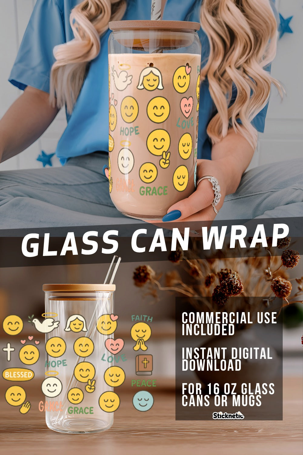 Smiley Face Glass Can Wrap, Digital Download for 16 oz Mugs, Emoji Sticker, Instant Commercial Use