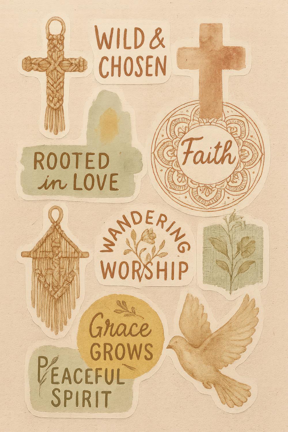 Christian Faith Stickers, Cross Dove Watercolor Decals, Religious Symbols, Spiritual Gifts, Grace Peace Love Art