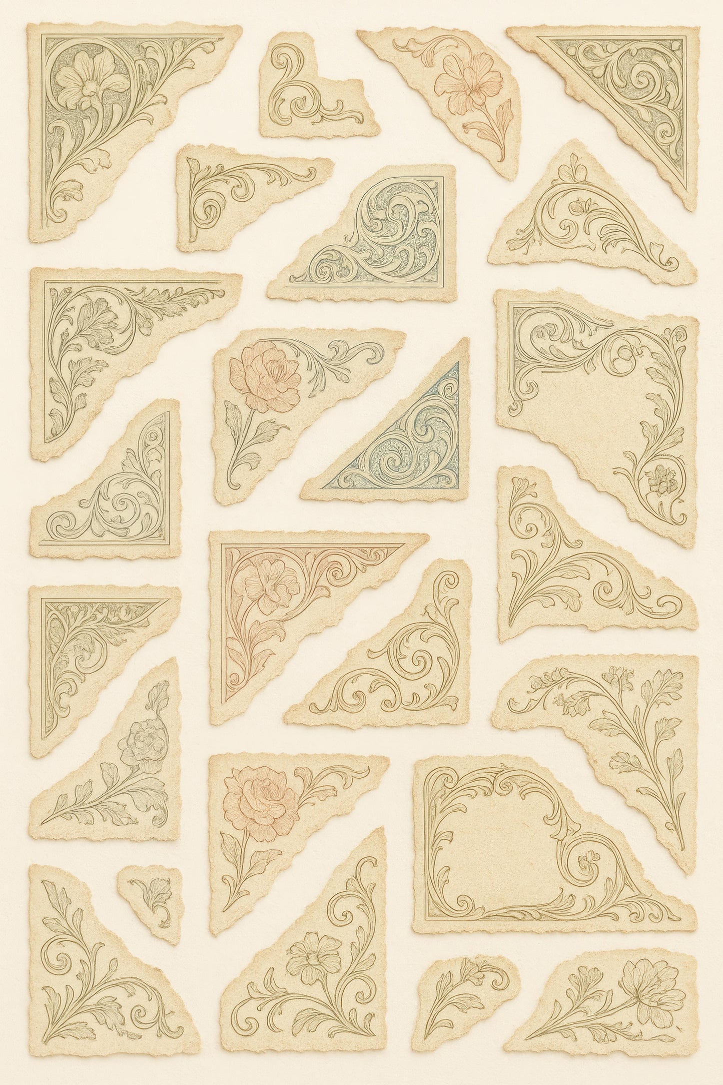 Vintage Floral Corner Designs, Antique Book Corners, Decorative Page Embellishments, Set of 15, Craft Supplies, Scrapbooking Accents