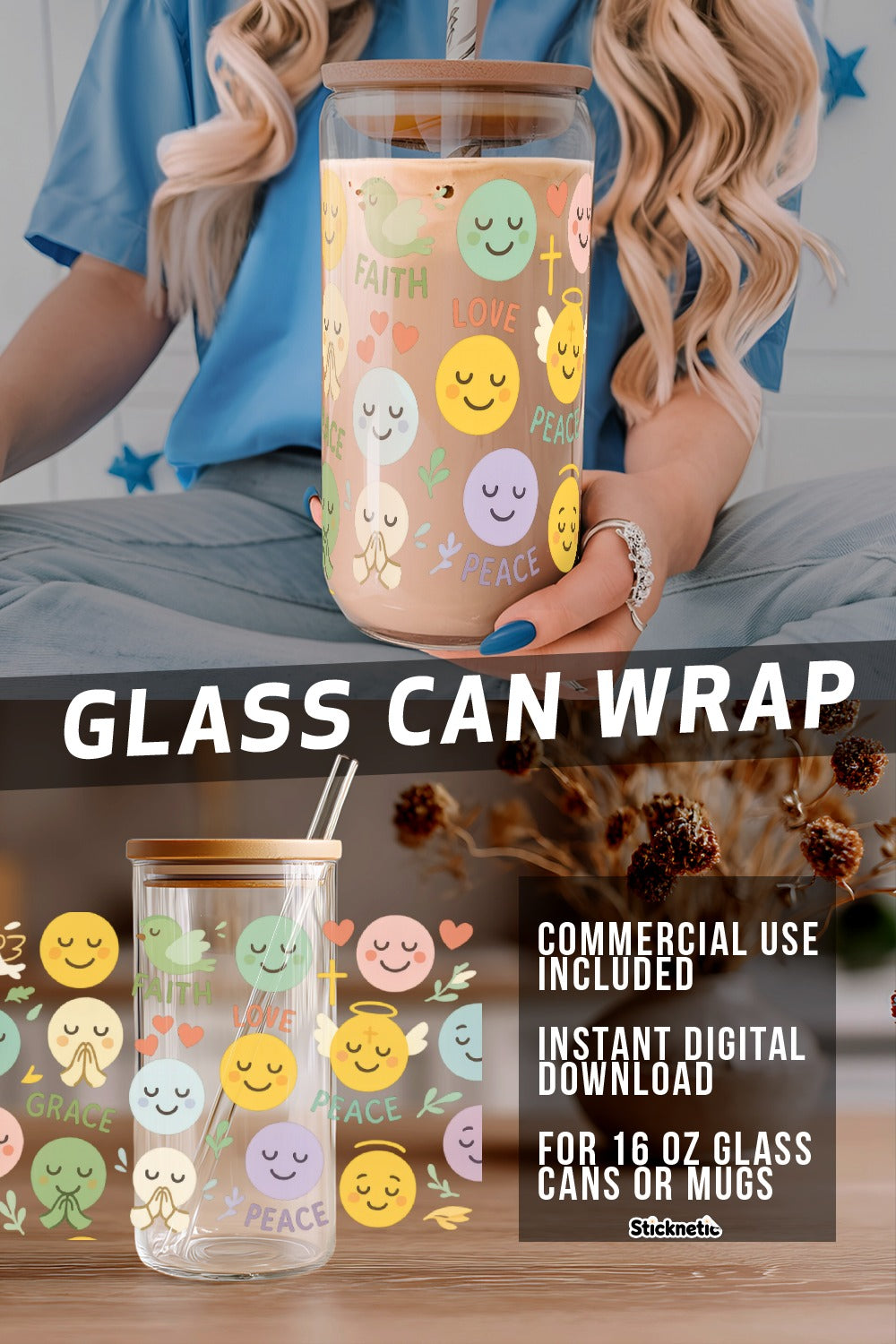 Cute Emoji Glass Can Wrap Digital Design, Faith Love Peace Stickers, 16 oz Tumbler Decal, Instant Download Graphic for Mugs