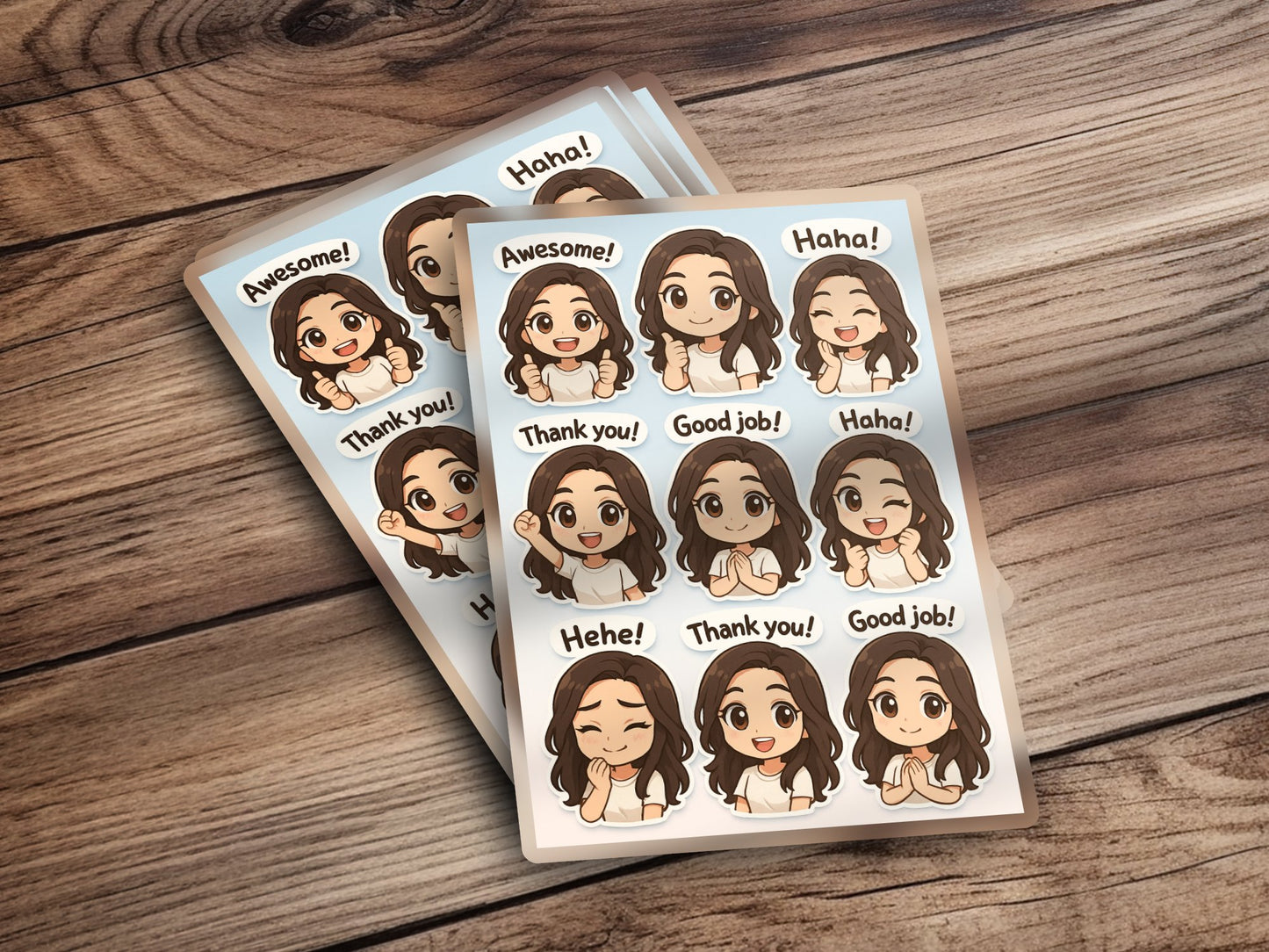 Cute Cartoon Girl Sticker Sheets, Fun Expressive Faces, Thank You, Awesome, Haha, Hehe, Good Job, Gift Idea