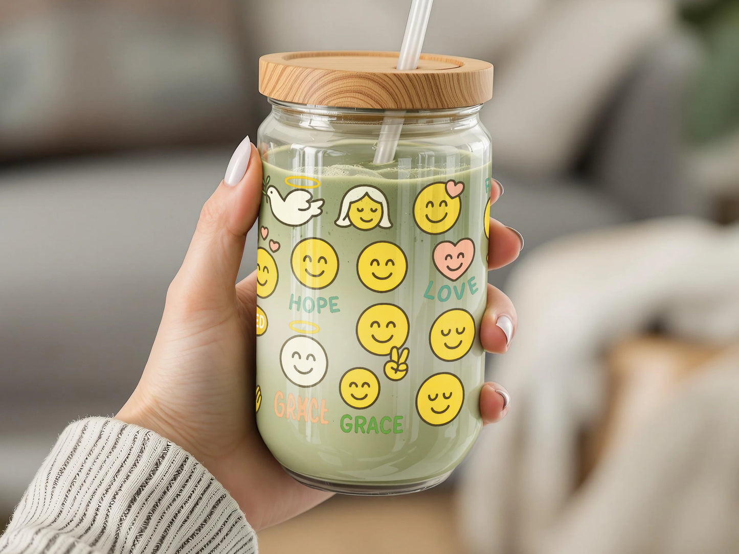 Smiley Face Emoji Glass Jar with Bamboo Lid, Reusable Straw Included, Cute Inspirational Drinkware for Cold Beverages