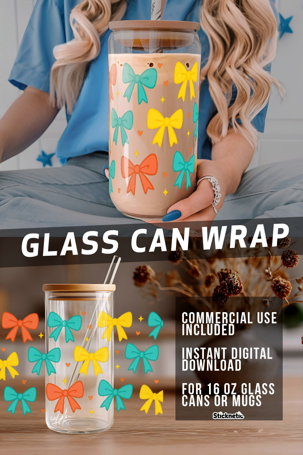 Glass Can Wrap Digital Download, Colorful Bow Design, 16 oz Mug Decor, Instant Use