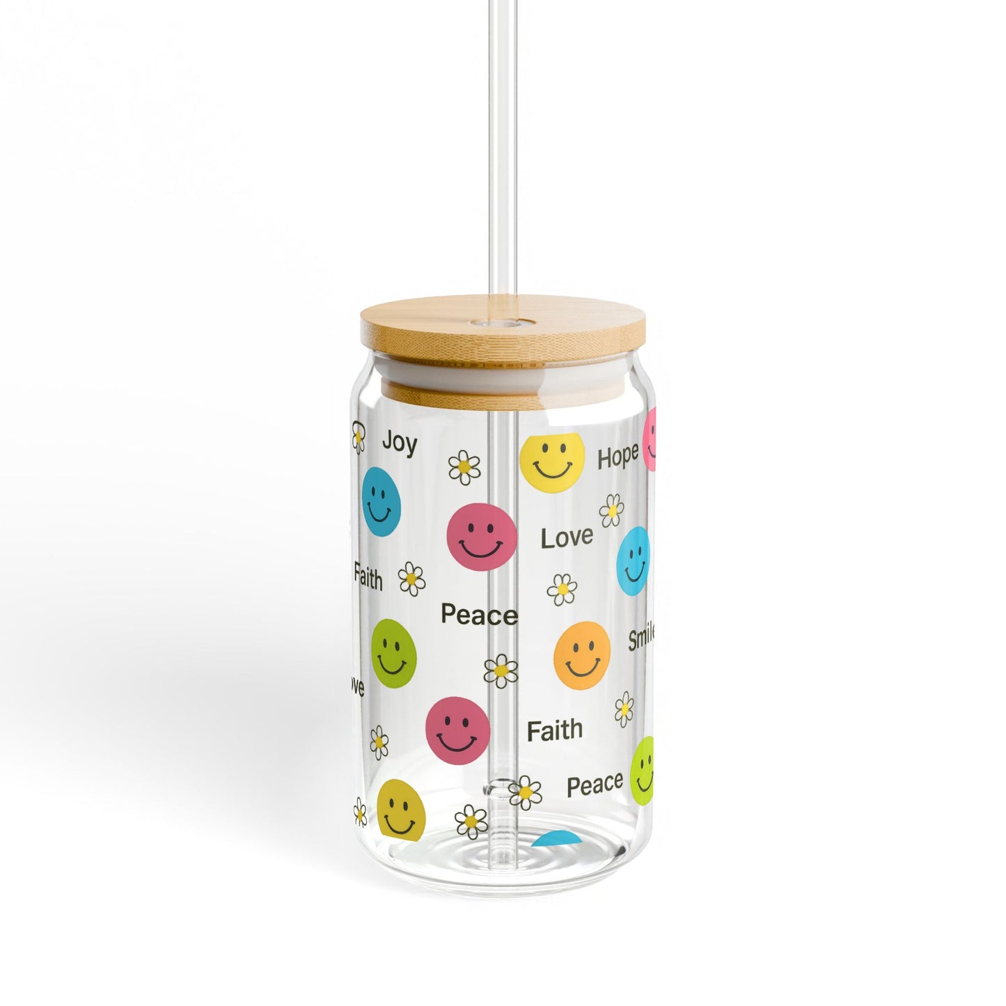 Colorful Smiley Face Glass Jar with Bamboo Lid, Positive Emotions, Joy Love Peace, Unique Drinkware