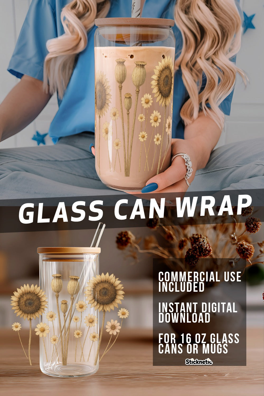 Sunflower Glass Can Wrap SVG, Daisy Floral Digital Download, 16 oz Mug Decal DIY, Summer Drinkware Decoration, Instant Download