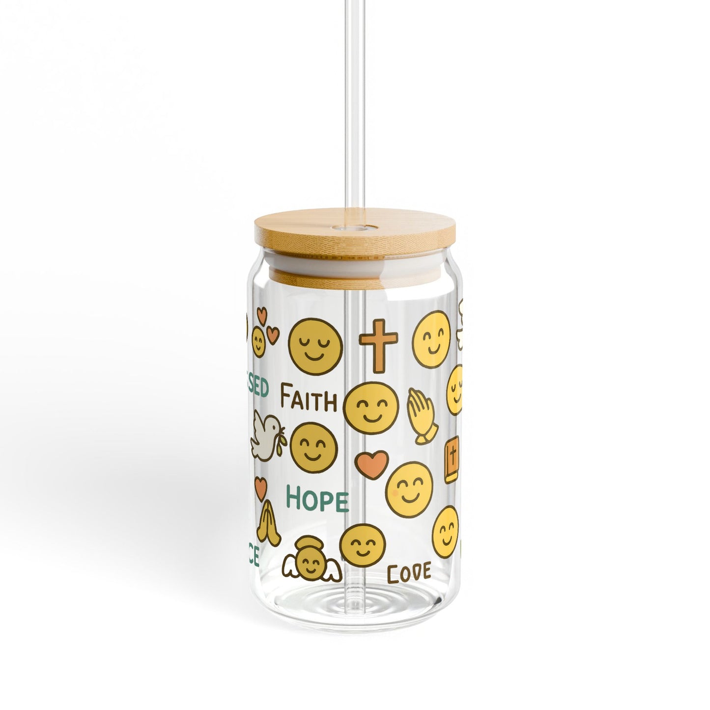 Christian Emoji Theme Glass Jar with Bamboo Lid, Faith Hope Love Symbols Storage Container, Unique Spiritual Gift