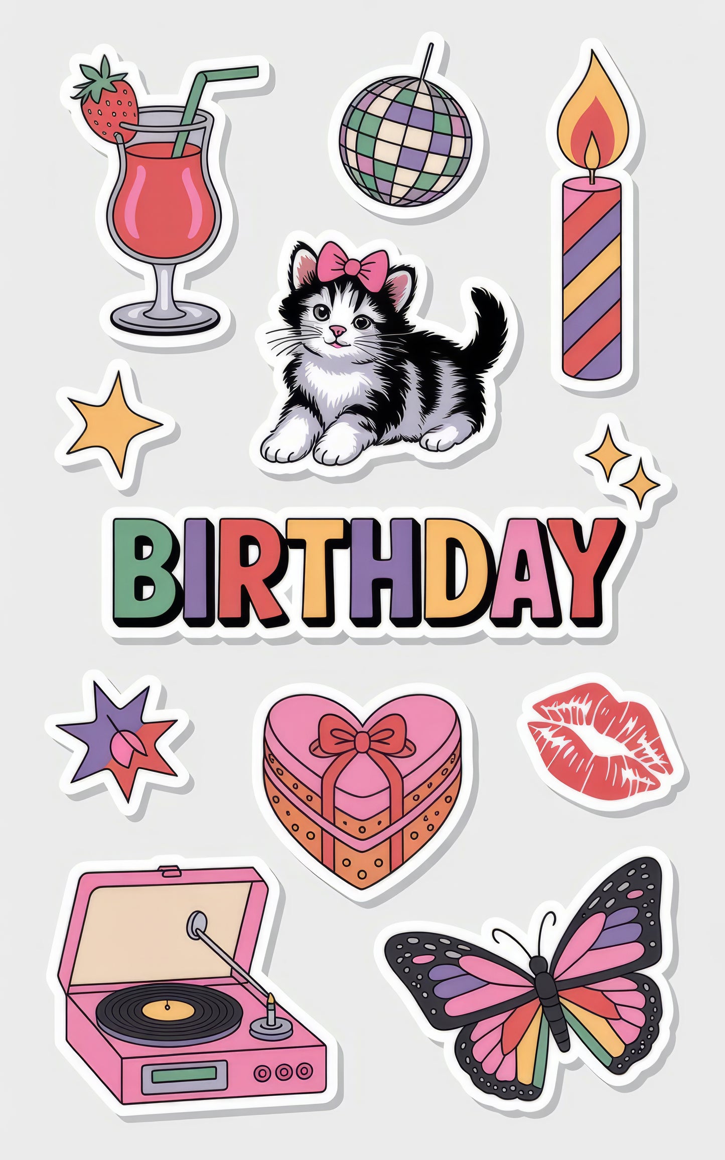 Birthday Sticker Pack, Cute Kitten, Disco Ball, Cocktail Drink, Butterfly, Vinyl Decals