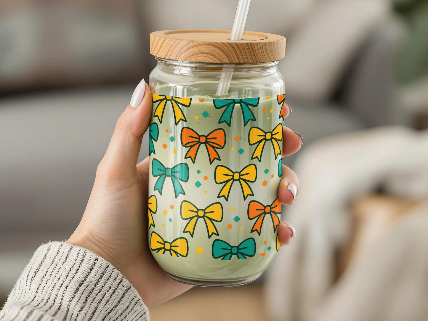 Colorful Bow Pattern Glass Jar with Wooden Lid, Reusable Drinking Jar, Eco-Friendly Kitchen Decor