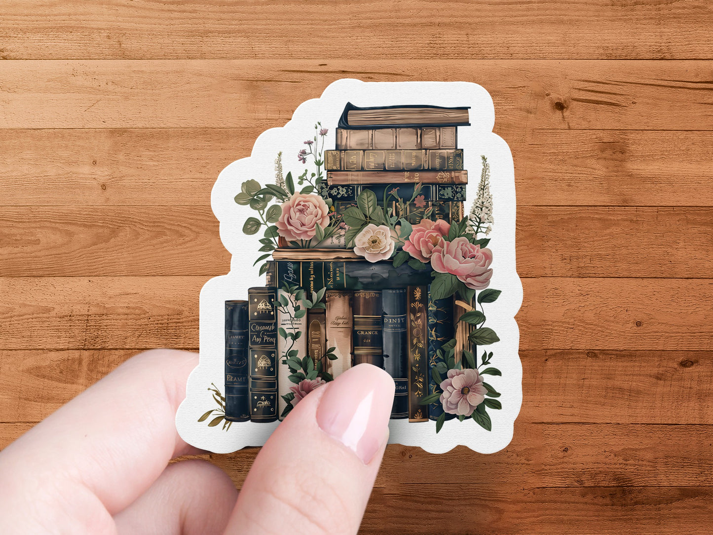 Elegant Vintage Books Stack Floral Sticker product type
