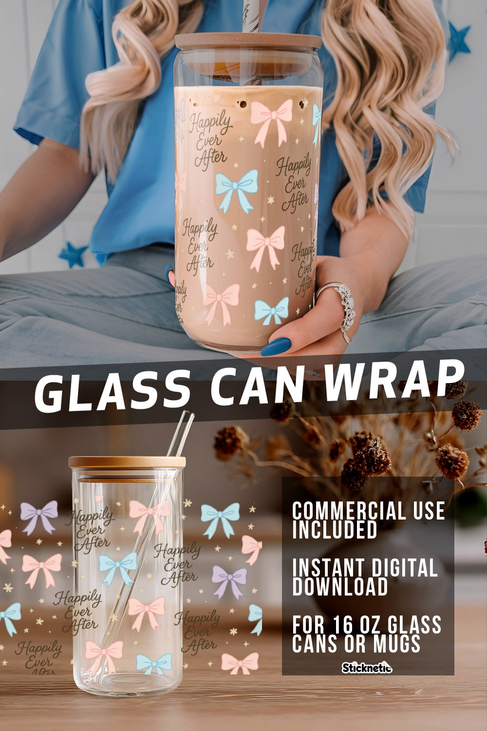 Fairy Tale Glass Can Wrap Design, Happily Ever After, Digital Download for 16 oz Mugs, Commercial Use