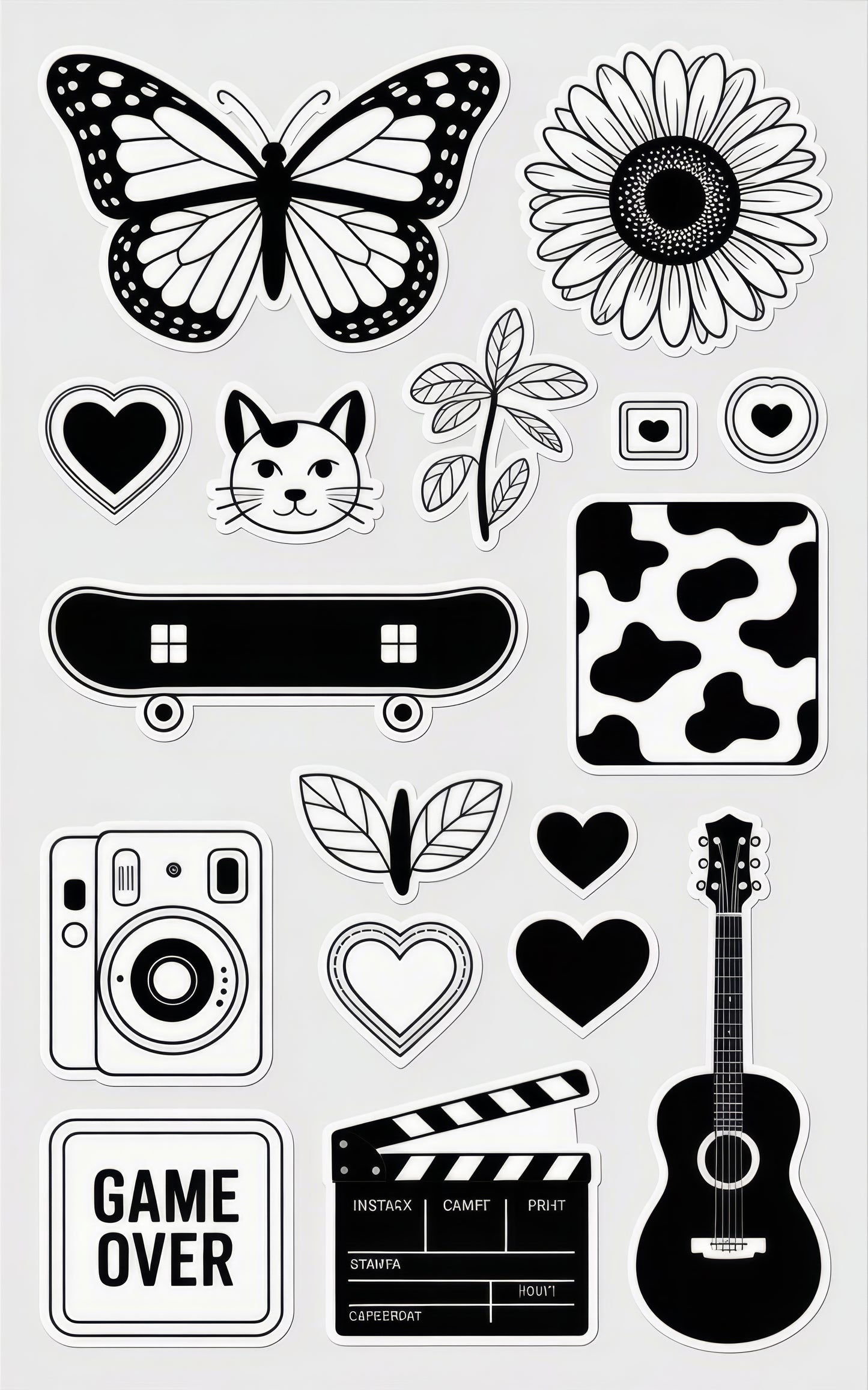 Black and White Sticker Pack, Butterfly, Sunflower, Cat, Camera, Guitar, Skateboard Decals
