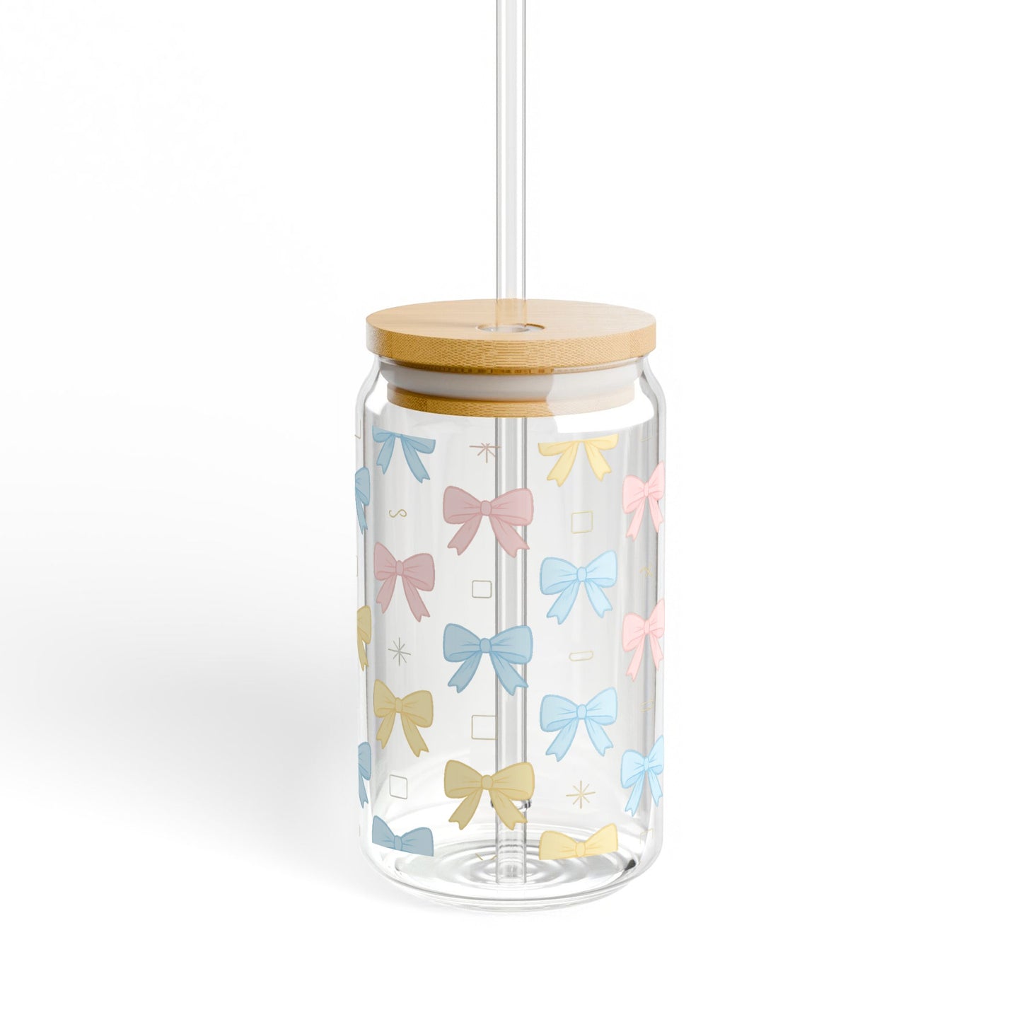 Colorful Ribbon Pattern Glass Water Bottle with Bamboo Lid, Eco-Friendly Reusable Drinkware
