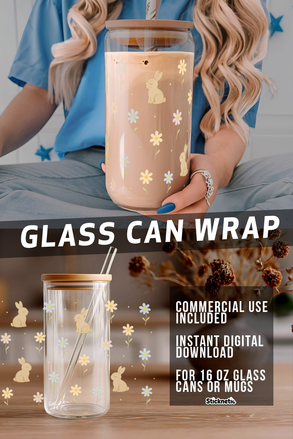 Glass Can Wrap Digital Design for 16 oz Mugs, Instant Download, Floral and Bunny Pattern Graphic