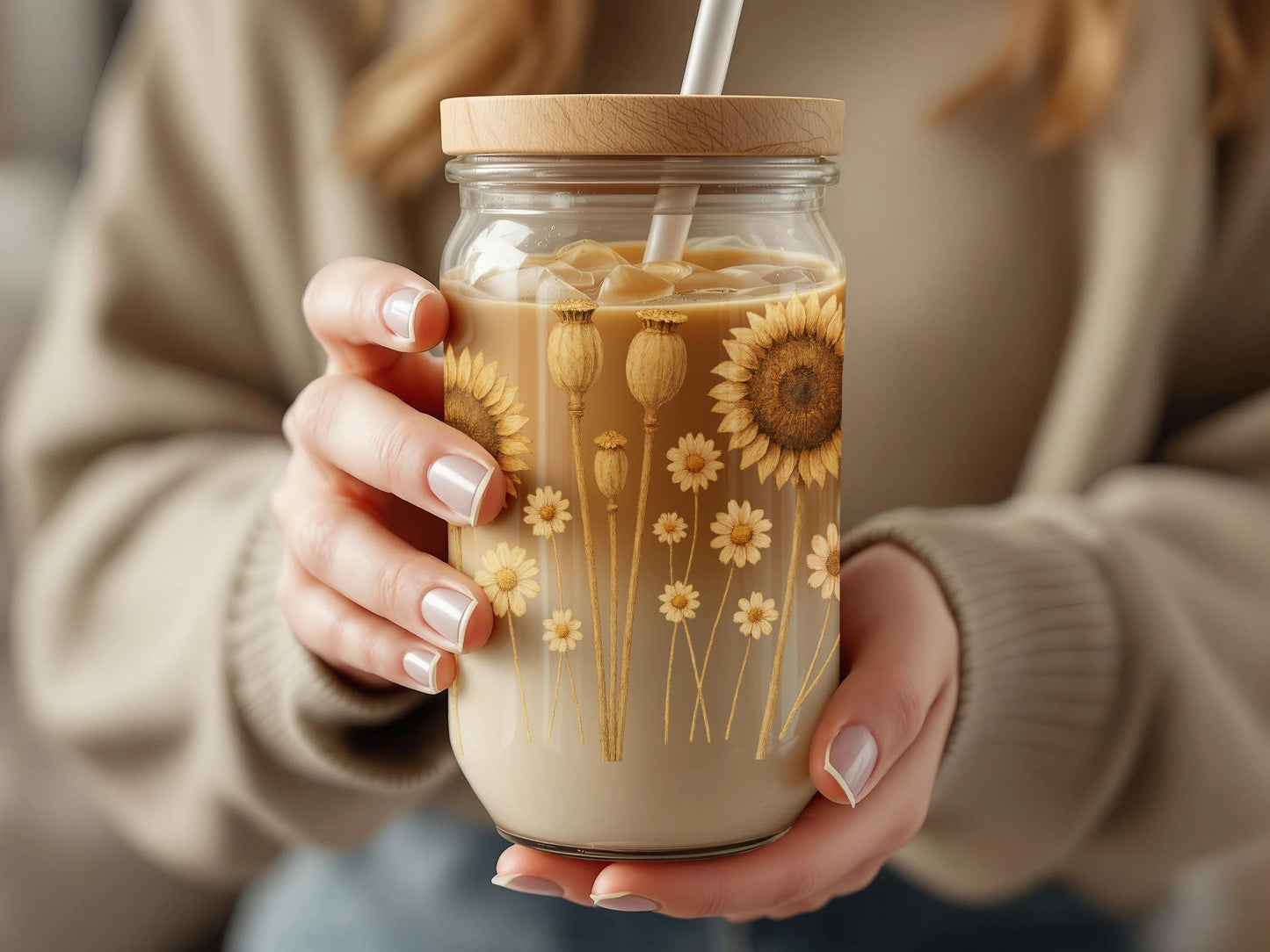 Floral Glass Mason Jar Tumbler, Sunflower Daisies Design, Reusable Coffee Cup with Straw