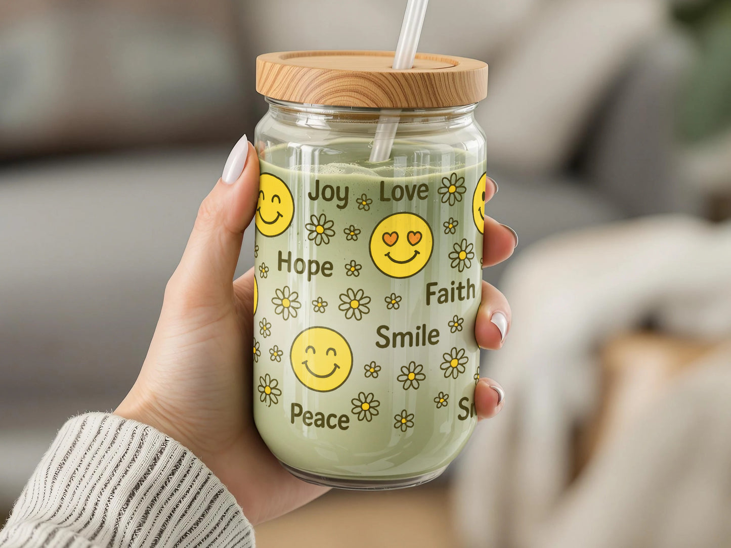 Smiley Face Glass Jar with Bamboo Lid, Positive Vibes, Cute Desk Decor, Eco-Friendly Drinkware with Straw