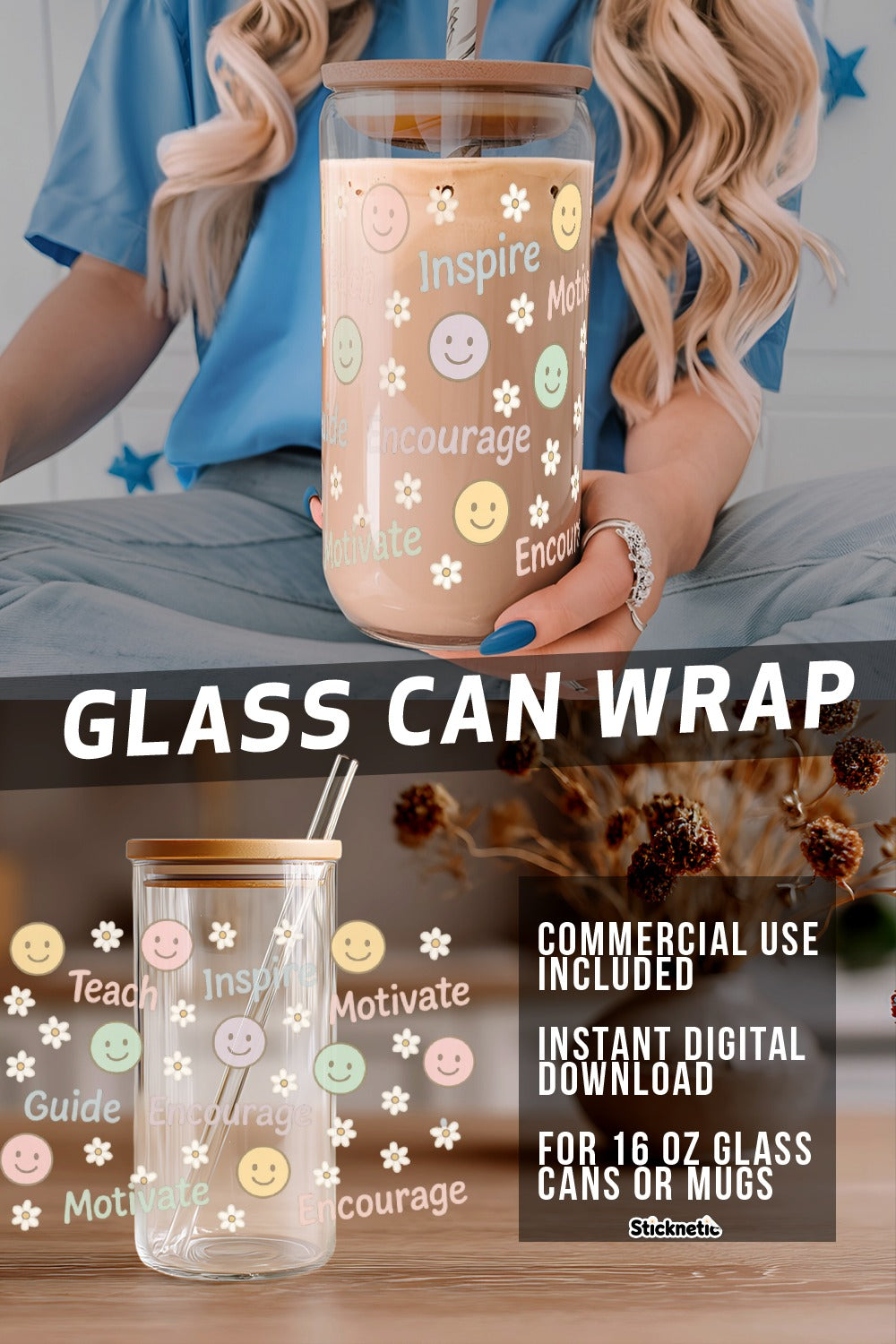 Glass Can Wrap SVG, Digital Download, Cute Emoji Design, 16 oz Mug Decal, Commercial Use, Instant File