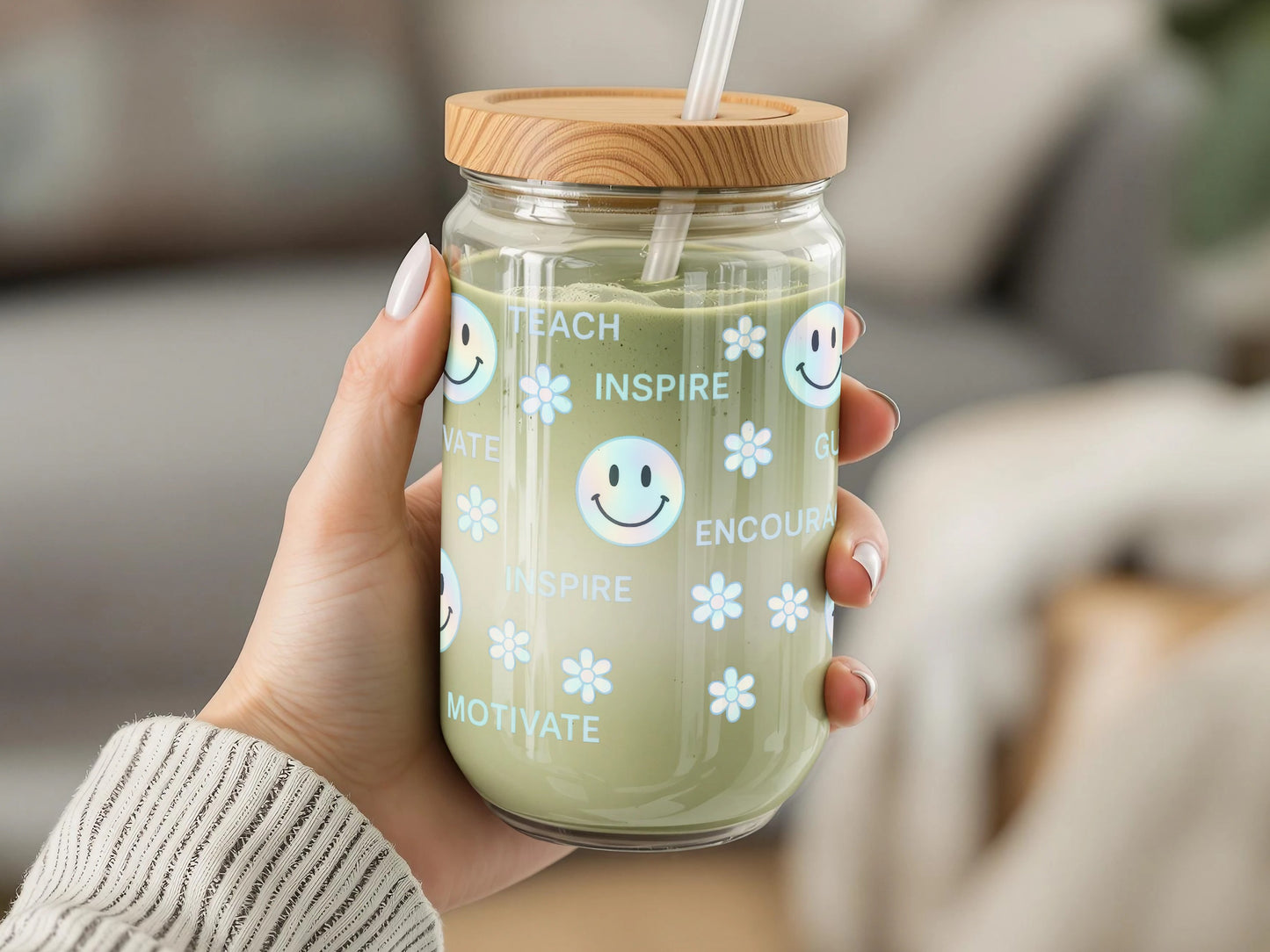 Inspirational Quote Glass Jar, Motivational Smoothie Cup with Bamboo Lid, Reusable Eco-Friendly Drinkware, Teacher Gift Idea