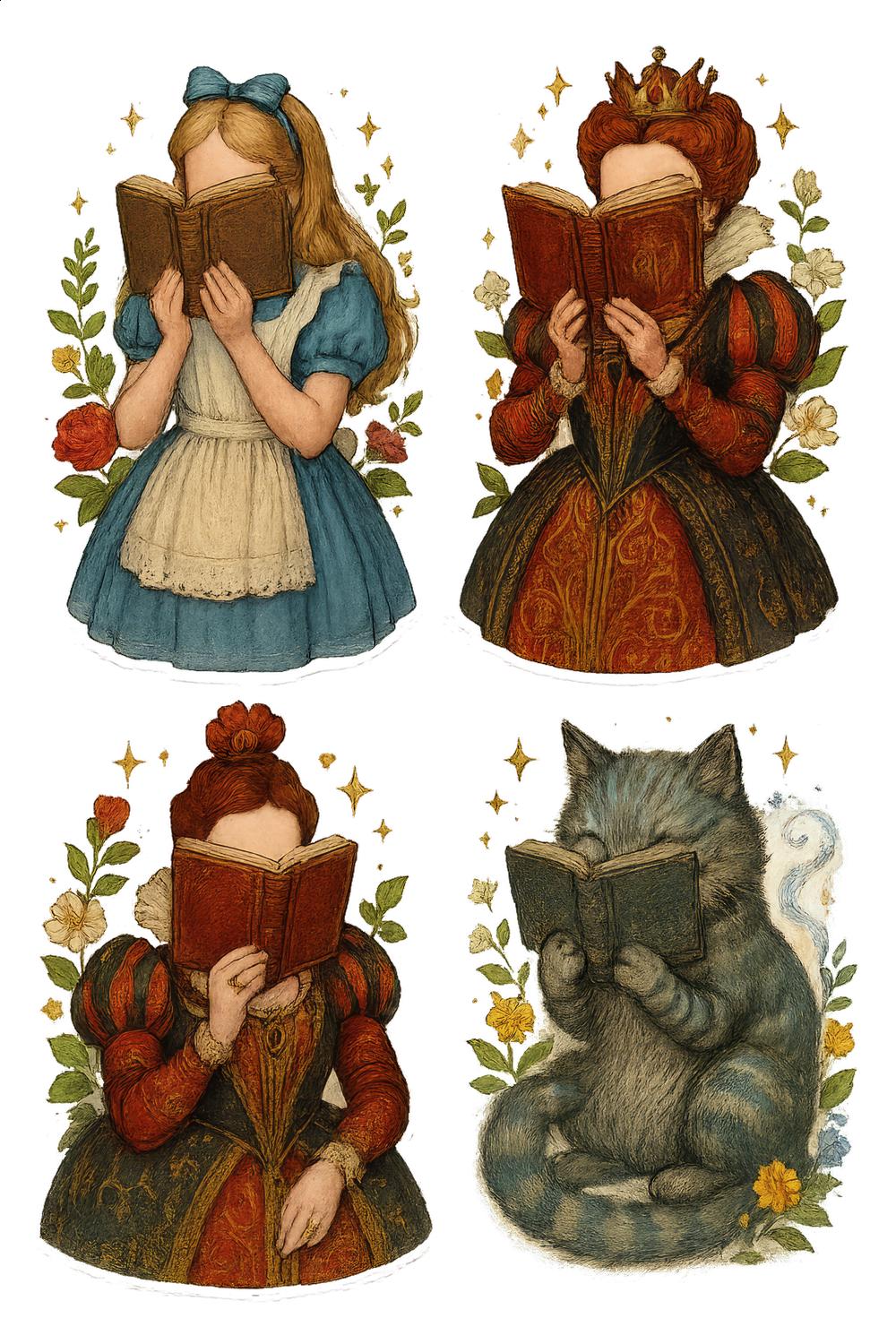 Vintage Inspired Reading Characters Illustration Print, Alice, Queen, Wolf, Decorative Wall Art