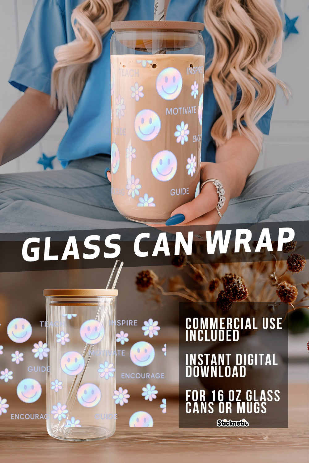 Motivational Quote Glass Can Wrap, Peach Color, Smiley Face Design, 16 oz Size, Digital Download