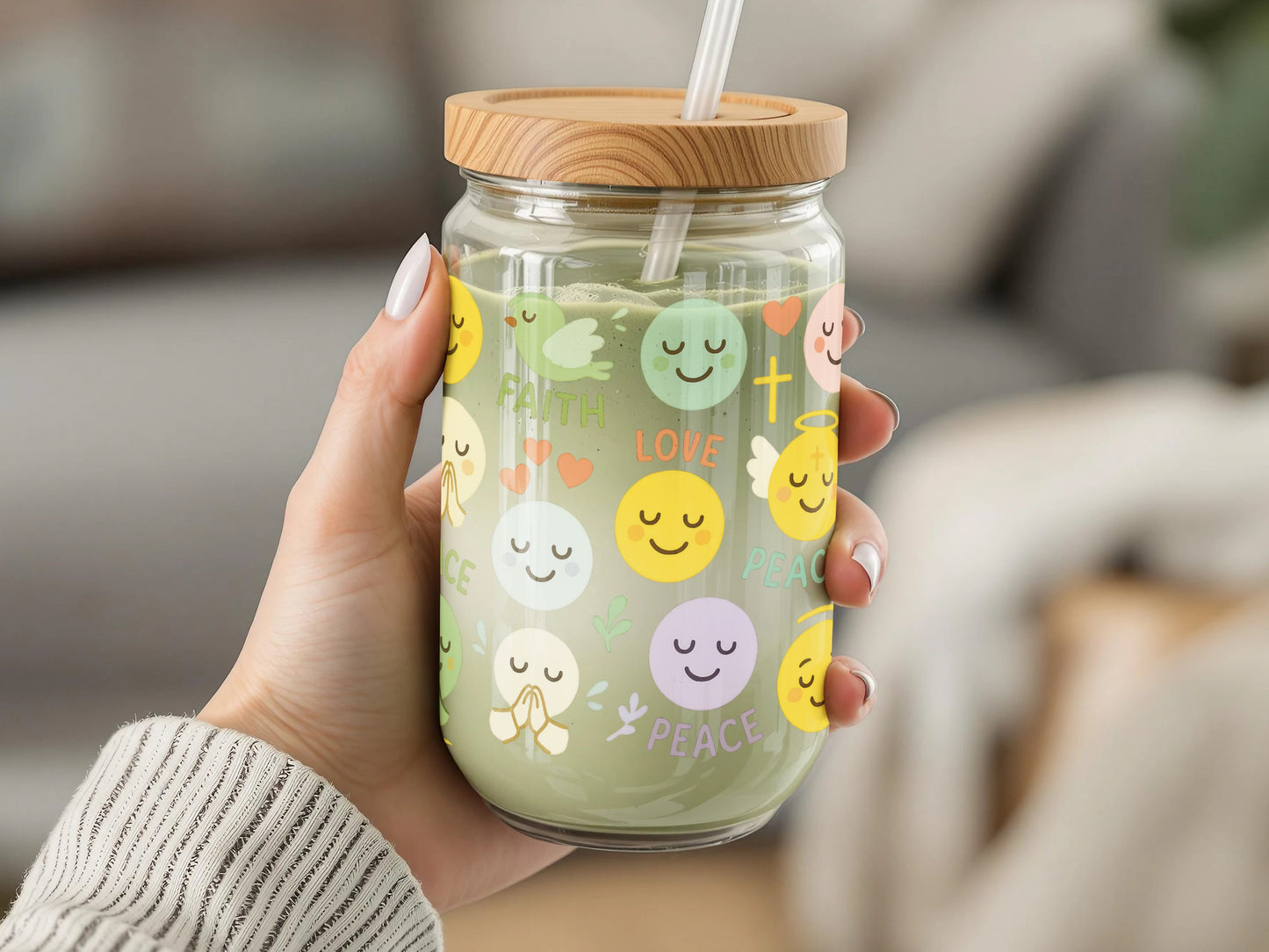 Cute Inspirational Mason Jar Tumbler, Faith Love Peace Design, Colorful Emoji Glass Cup with Lid and Straw, Gift Idea