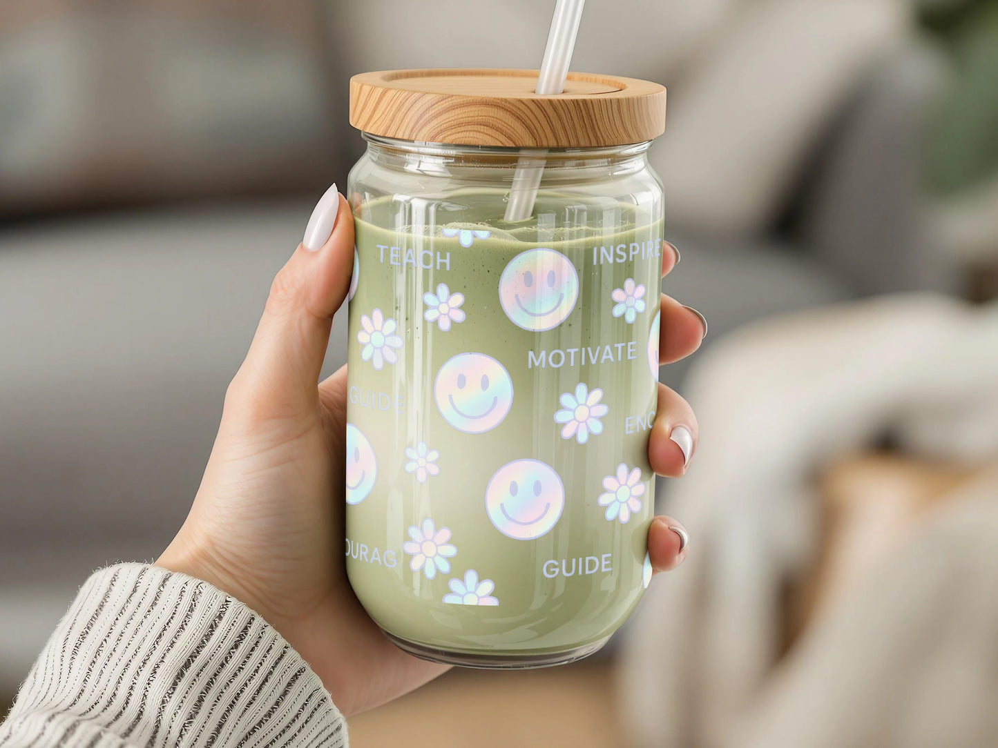 Smiley Face Inspirational Glass Jar Tumbler, Eco-Friendly Bamboo Lid, Motivational Drinkware for Smoothies and Tea