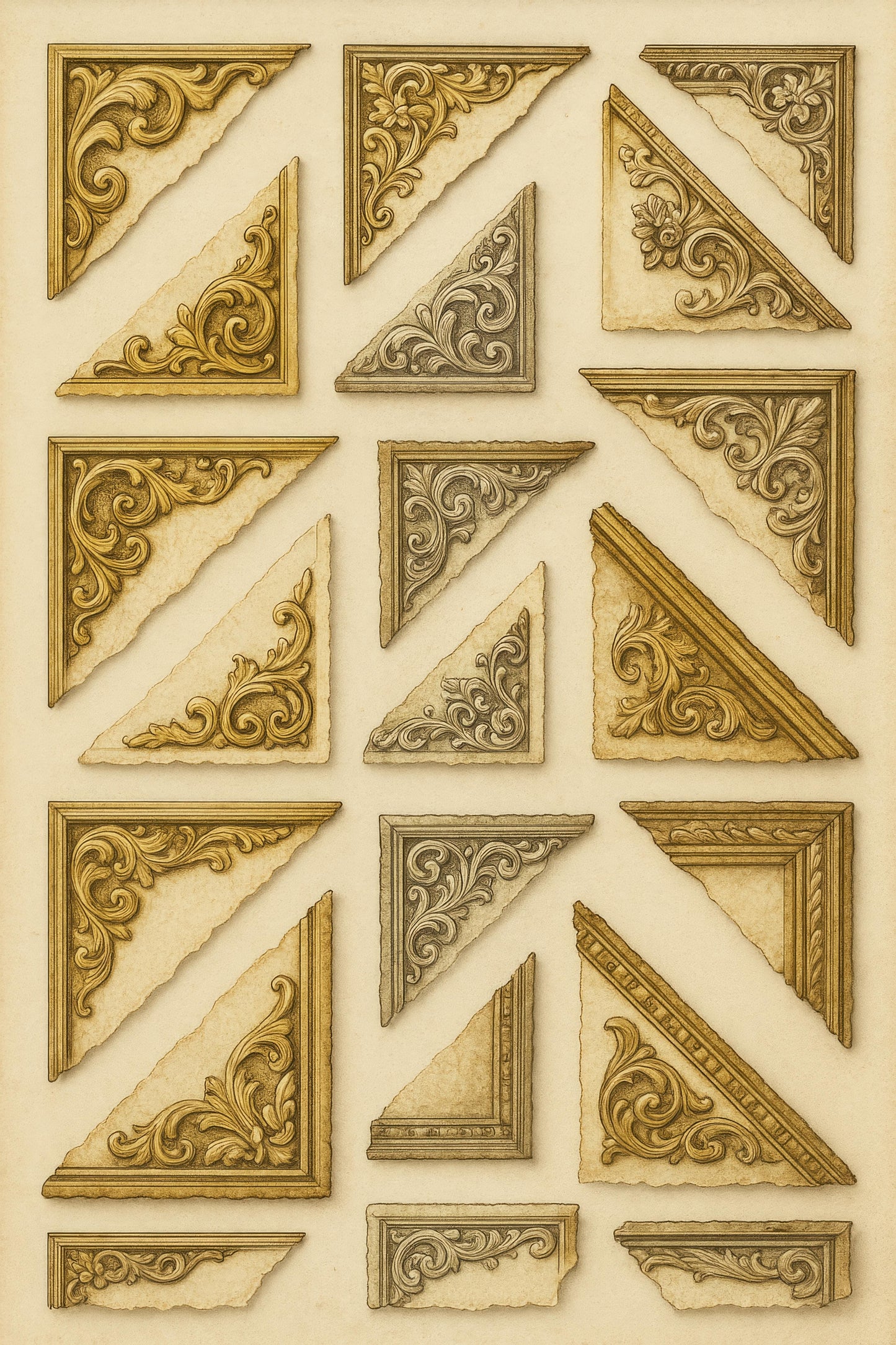 Vintage Decorative Corner Elements - Antique Gold Embossed Corners for Crafting and Scrapbooking, Set of 12 Pieces