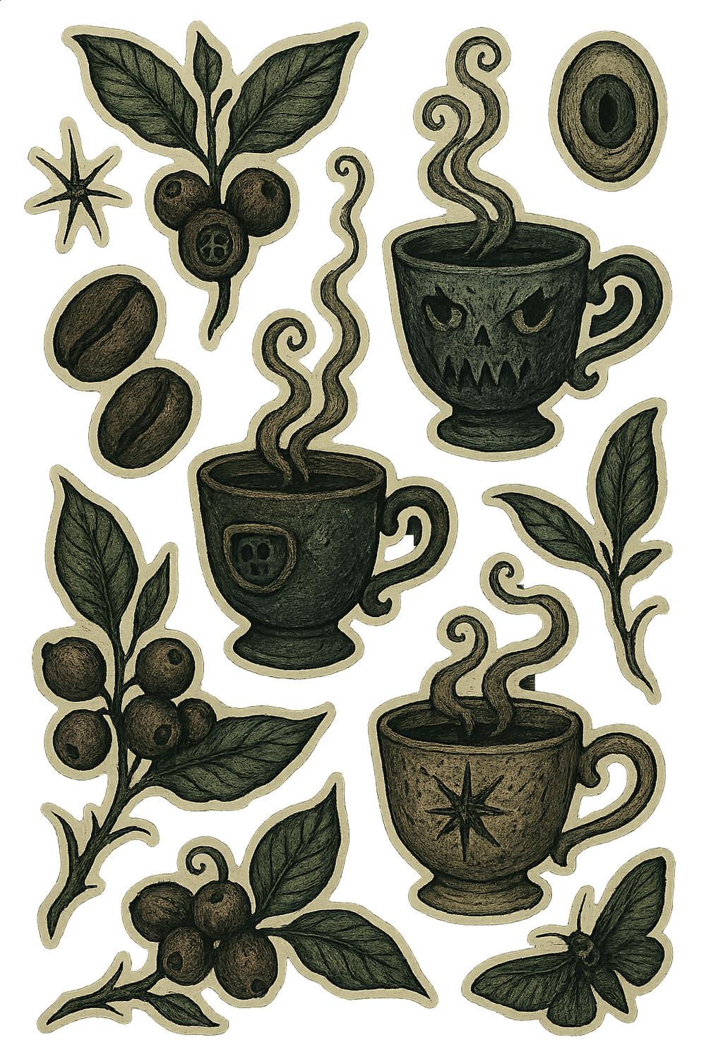 Vintage Coffee-Themed Illustration Art Print, Antique Style Coffee Cups and Beans, Botanical Drawing, Kitchen Wall Decor
