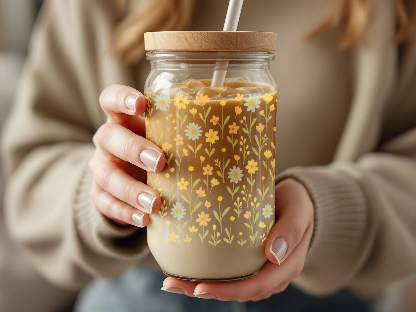 Floral Pattern Reusable Glass Jar with Straw, Eco-Friendly Drinkware, Perfect for Cold Brew or Smoothies